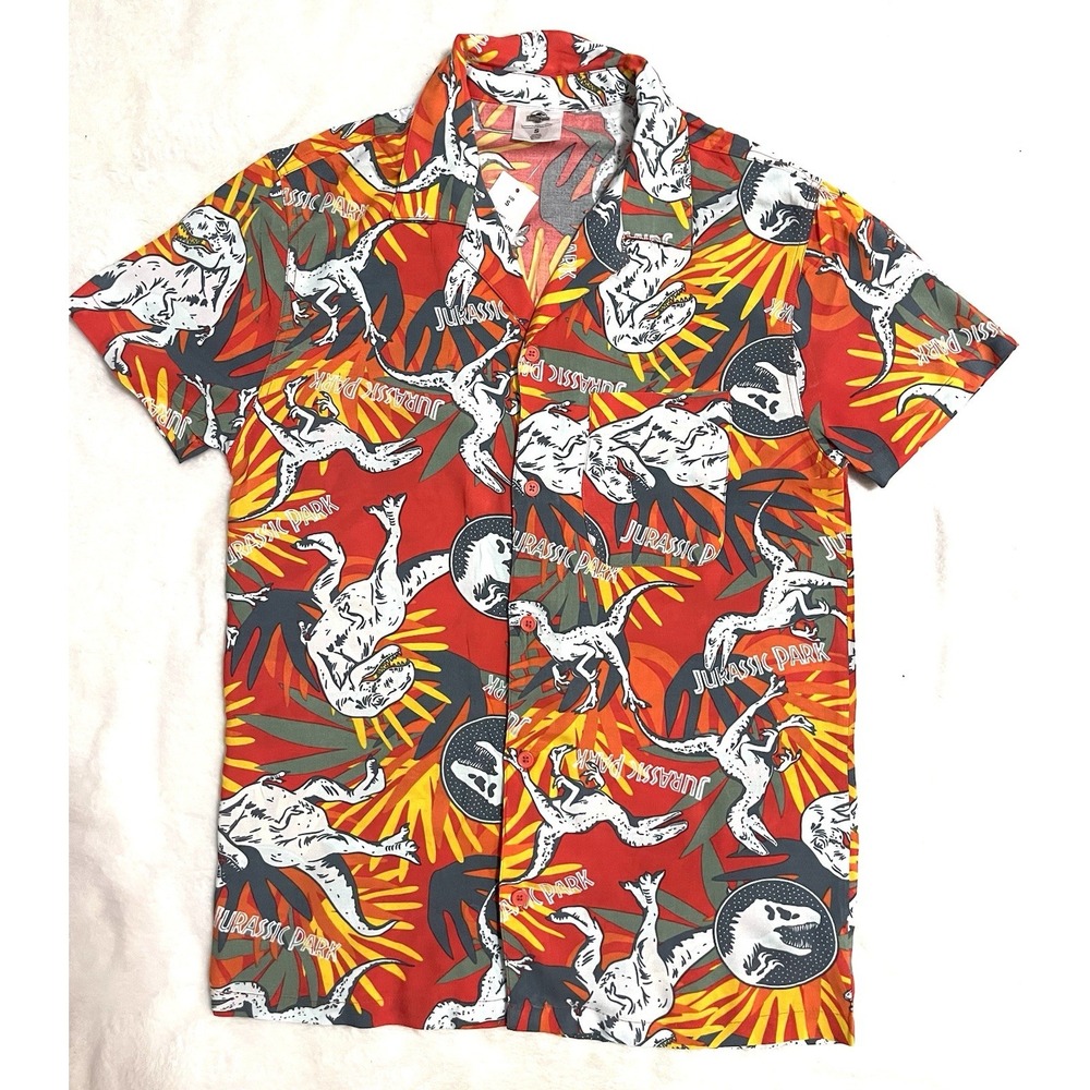NWT NEW Jurassic Park Men's Small Colorful T-Rex Dinosaurs Hawaiian Shirt